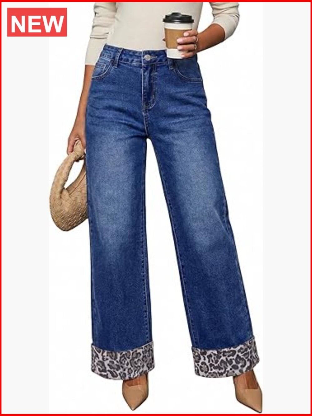 Wide Leg Leopard Jeans High Waisted Stretch Button Denim Pants with Pockets - Picture 1 of 6